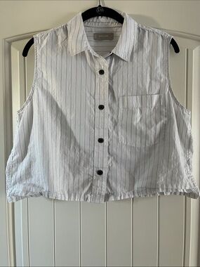 Everlane The Way-Short Cut-Off Shirt - White/Navy Pinstripe